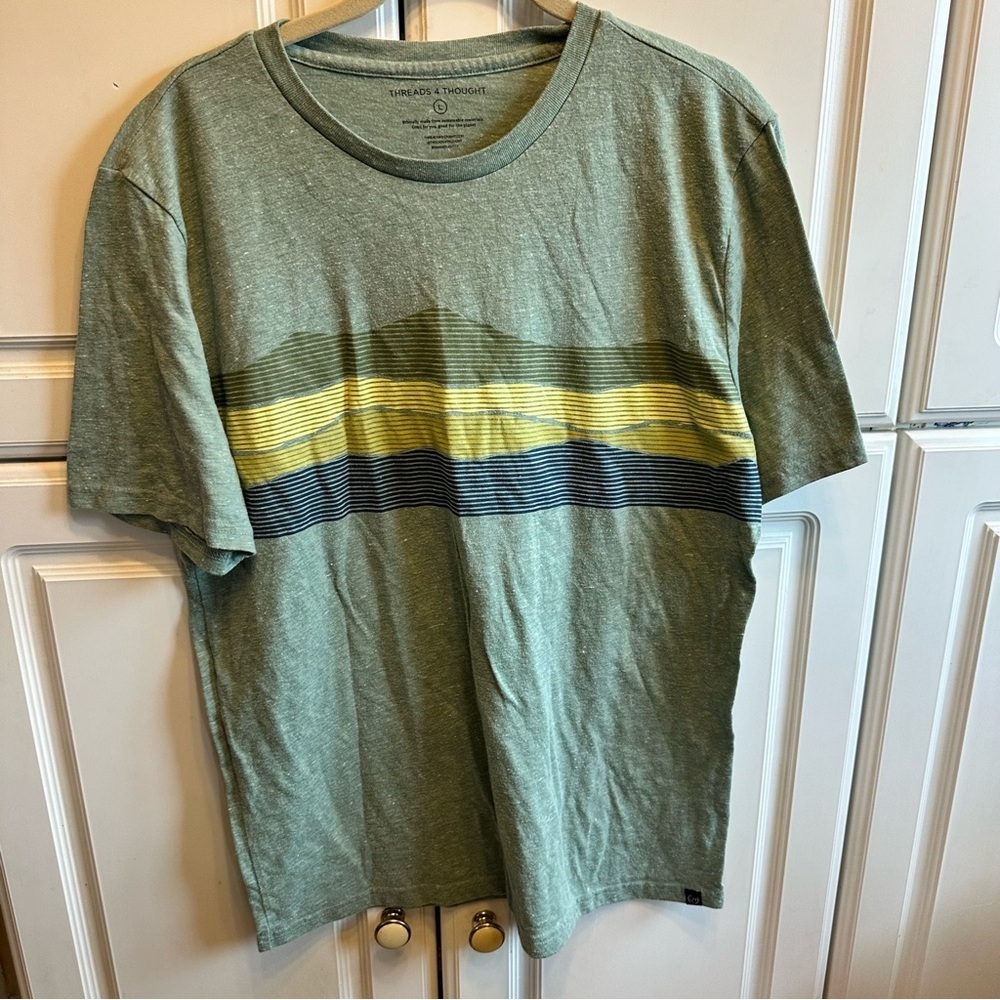 Threads 4 Thought Men's Olive Green Short-Sleeve Tee with Yellow & Navy Stripe